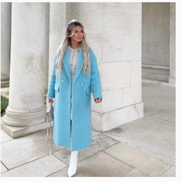 Zara Sky Blue Wool Long Coat Medium - Picture 1 of 8
